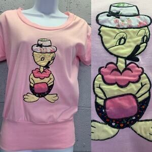 Vtg 80s Pink Appliqué Novelty T-Shirt Duckling Anthropomorphic Cute Kidcore SM
